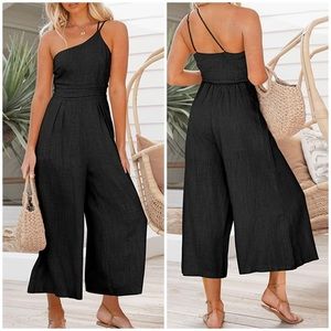 ANRABESS LINEN JUMPSUIT Black jumper pants pockets elasticized back one Strap S